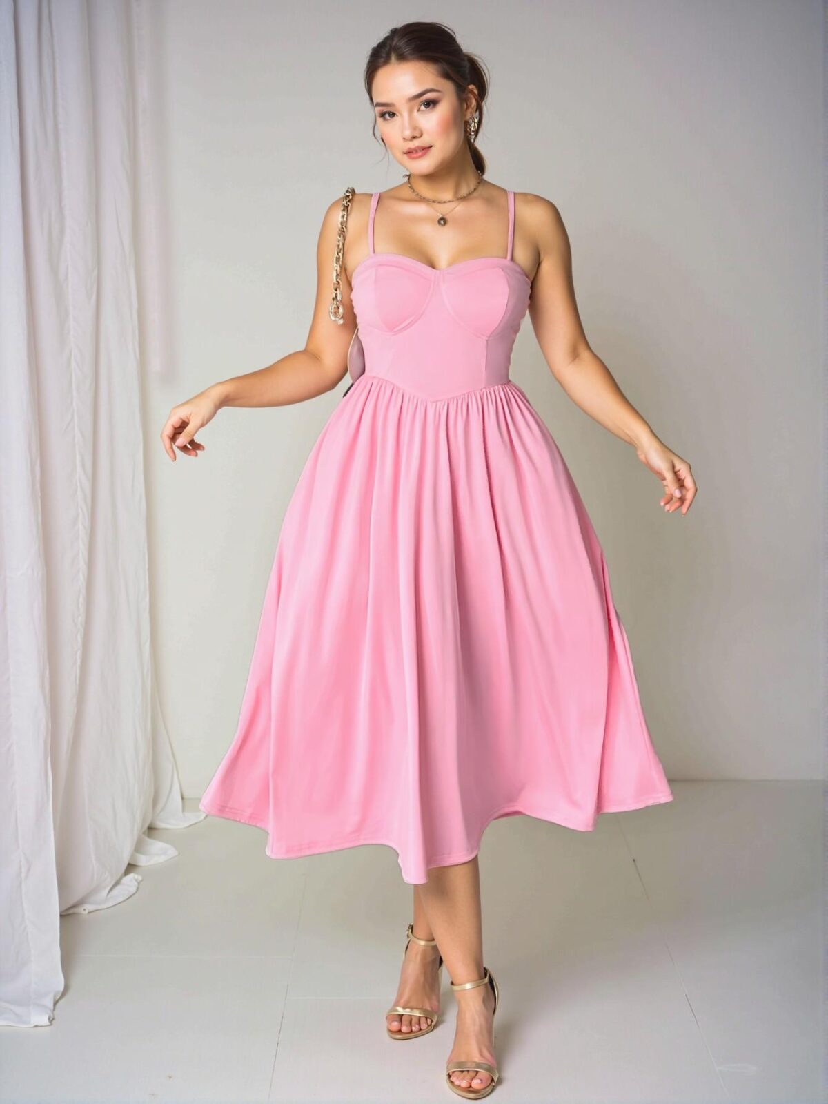 Elegant Pink Flared High Waist Cami Dress with Backless Design, Perfect for Valentine's Day and Tea Parties - Chic, Classy, and Trendy Fashion Style to Dress to Impress - Image 4