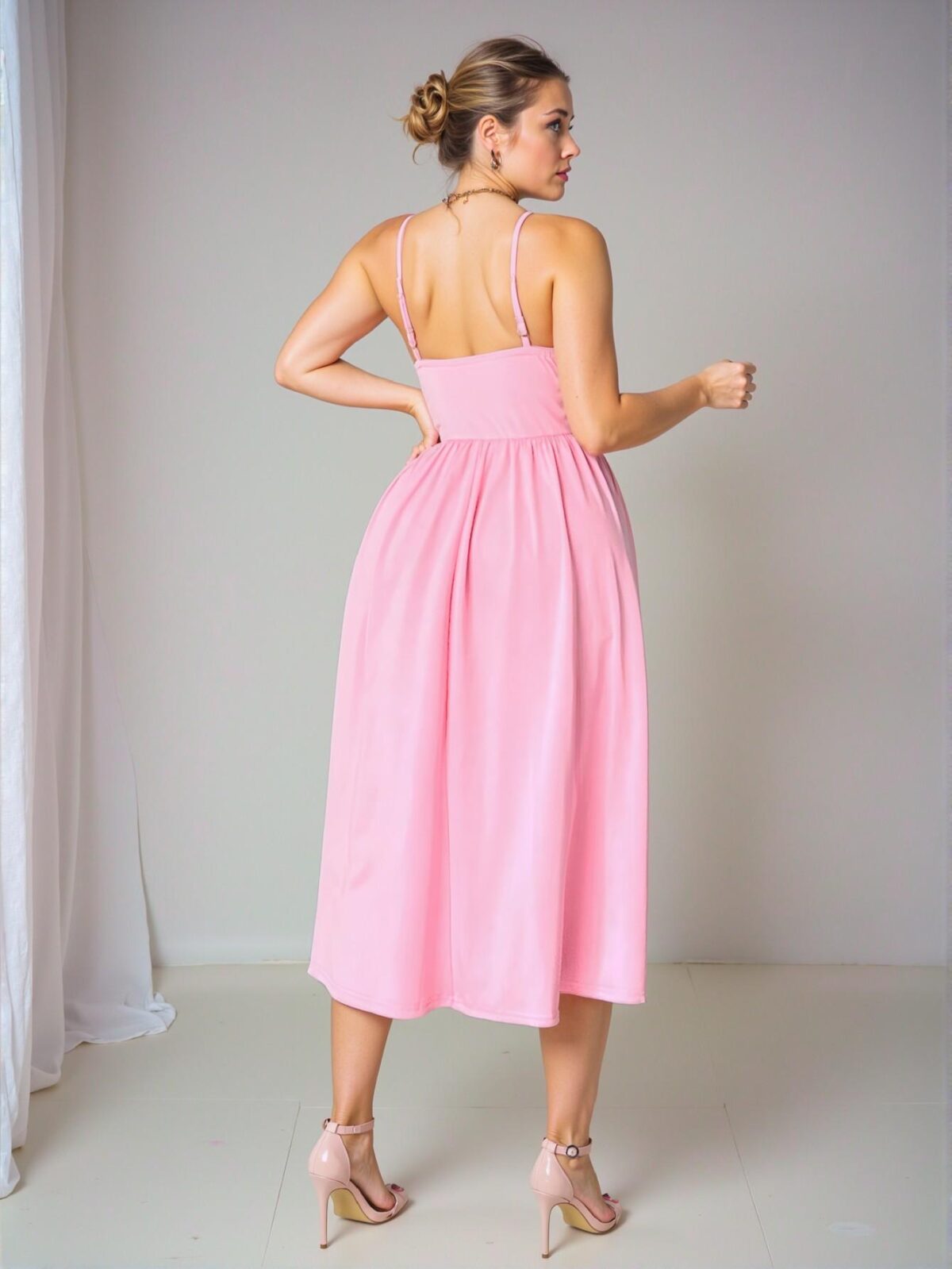 Elegant Pink Flared High Waist Cami Dress with Backless Design, Perfect for Valentine's Day and Tea Parties - Chic, Classy, and Trendy Fashion Style to Dress to Impress - Image 5