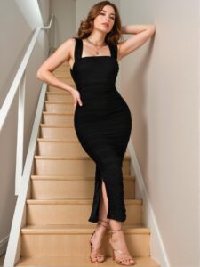 Elegant Black Chic Ruched Slit-Hem Bodycon Dress for Summer - Chic, Classy and Trendy Fashion Style to Dress to Impress