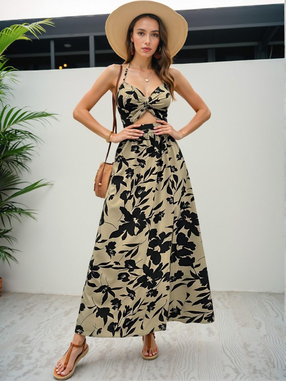 Elegant Apricot Twisted Knot Floral Print Halterneck Maxi Dress with Slit Hem and Open Back for Spring and Summer - Chic, Classy and Trendy Fashion Style to Dress to Impress - Image 3