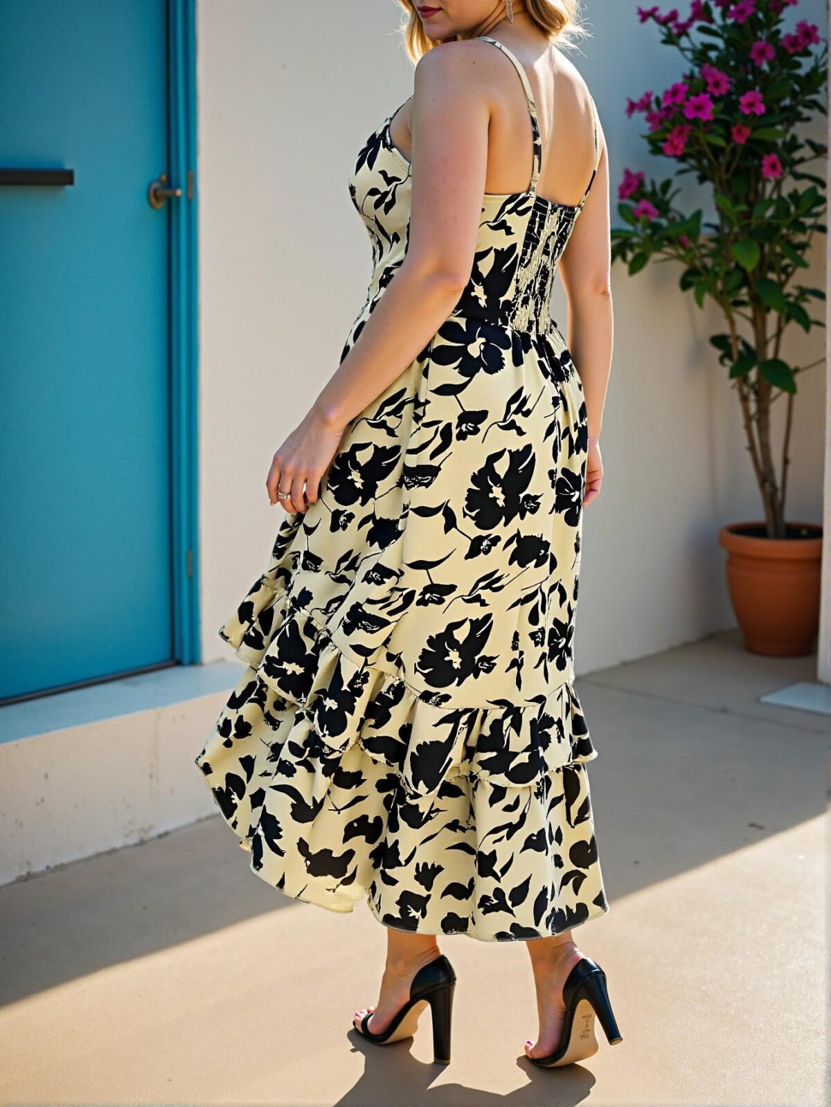 Elegant Apricot Floral Sleeveless Shirred Adjustable Straps High-Low Hem Midi Dress for Spring/Summer - Chic, Classy and Trendy Fashion Style to Dress to Impress - Image 2