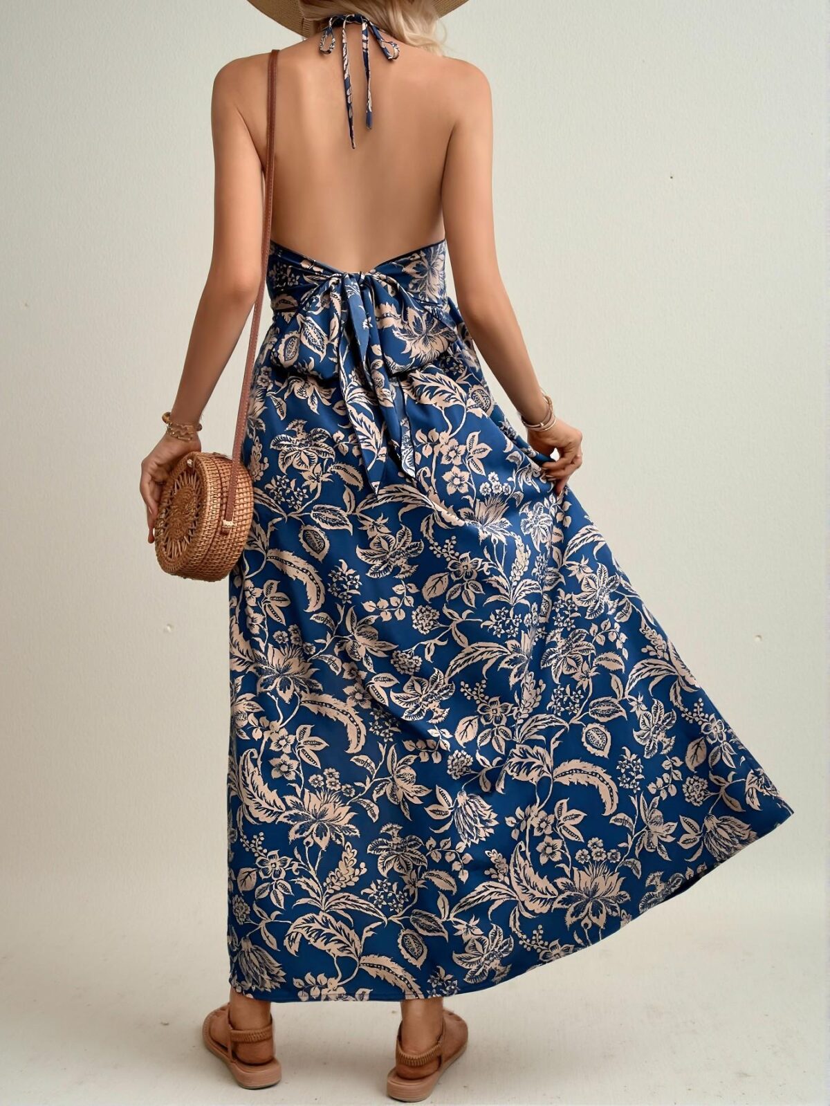Elegant Navy Blue Boho Floral Print Twist Front Backless Halter Maxi Dress for Vacation and Summer Outings - Chic, Classy and Trendy Fashion Style to Dress to Impress - Image 2