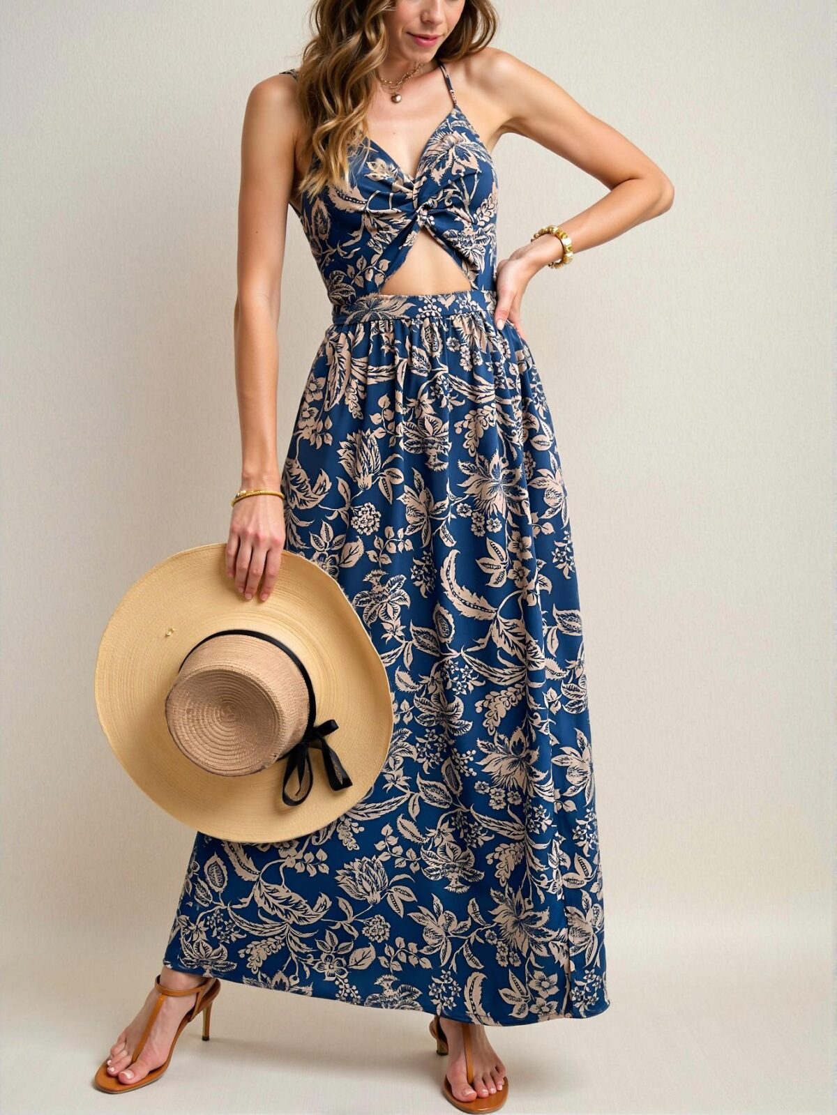 Elegant Navy Blue Boho Floral Print Twist Front Backless Halter Maxi Dress for Vacation and Summer Outings - Chic, Classy and Trendy Fashion Style to Dress to Impress - Image 3