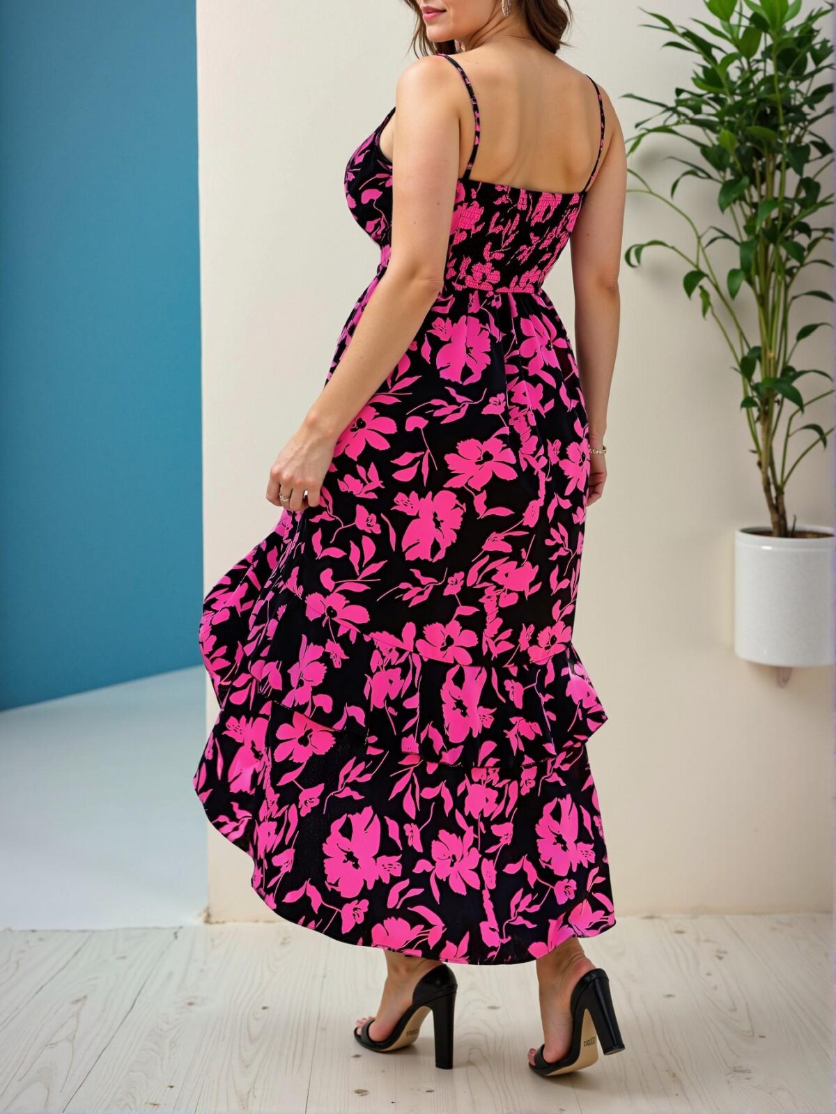 Multicolor Stylish Asymmetrical Cami Dress with Elegant Shirred Detailing and Floral Print - Chic, Classy and Trendy Fashion Style to Dress to Impress - Image 2