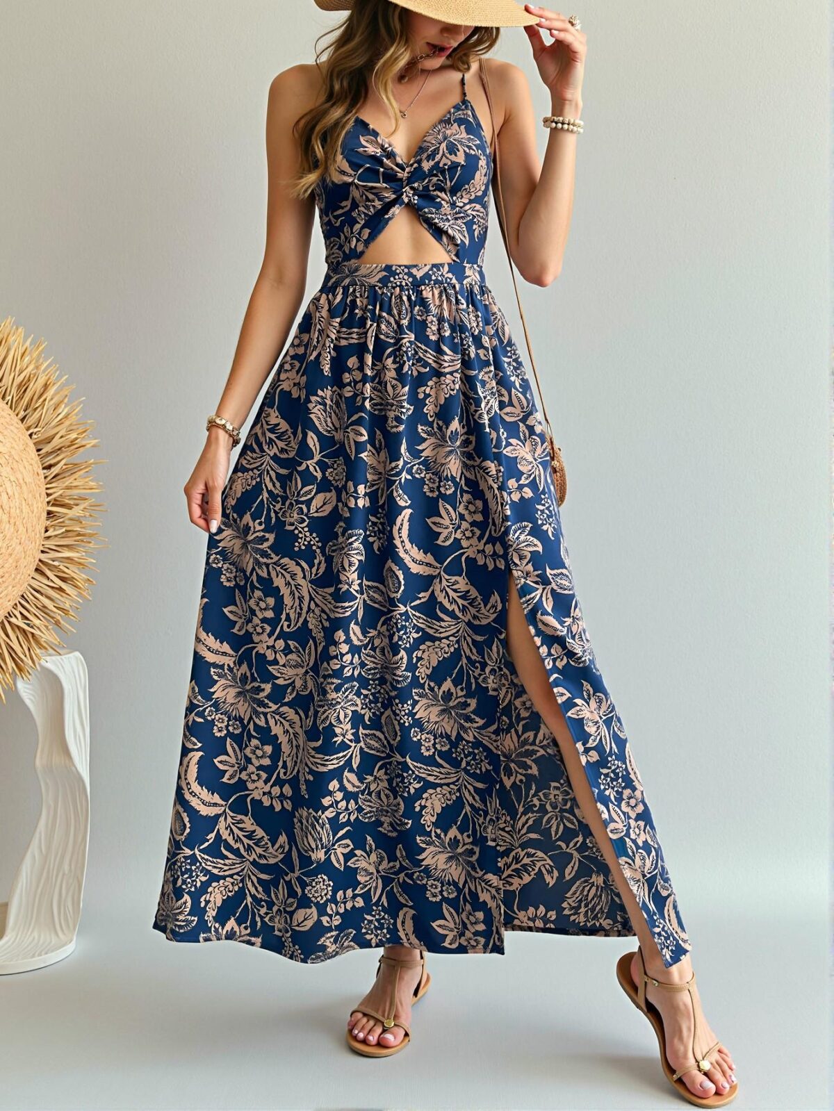 Elegant Navy Blue Boho Floral Print Twist Front Backless Halter Maxi Dress for Vacation and Summer Outings - Chic, Classy and Trendy Fashion Style to Dress to Impress - Image 4