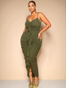 Elegant Army Green Flounce Detail Maxi Dress with Ruched Bodice and Cami Straps - Chic, Classy and Trendy Fashion Style to Dress to Impress