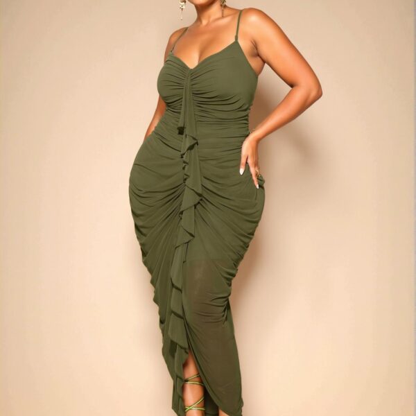 Elegant Army Green Flounce Detail Maxi Dress with Ruched Bodice and Cami Straps - Chic, Classy and Trendy Fashion Style to Dress to Impress