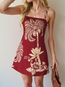Elegant Burgundy Boho-Inspired Plant Print Cami Dress for Spring and Summer - Chic, Classy and Trendy Fashion Style to Dress to Impress