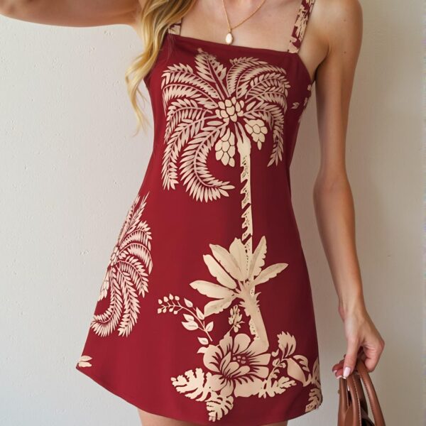 Elegant Burgundy Boho-Inspired Plant Print Cami Dress for Spring and Summer - Chic, Classy and Trendy Fashion Style to Dress to Impress
