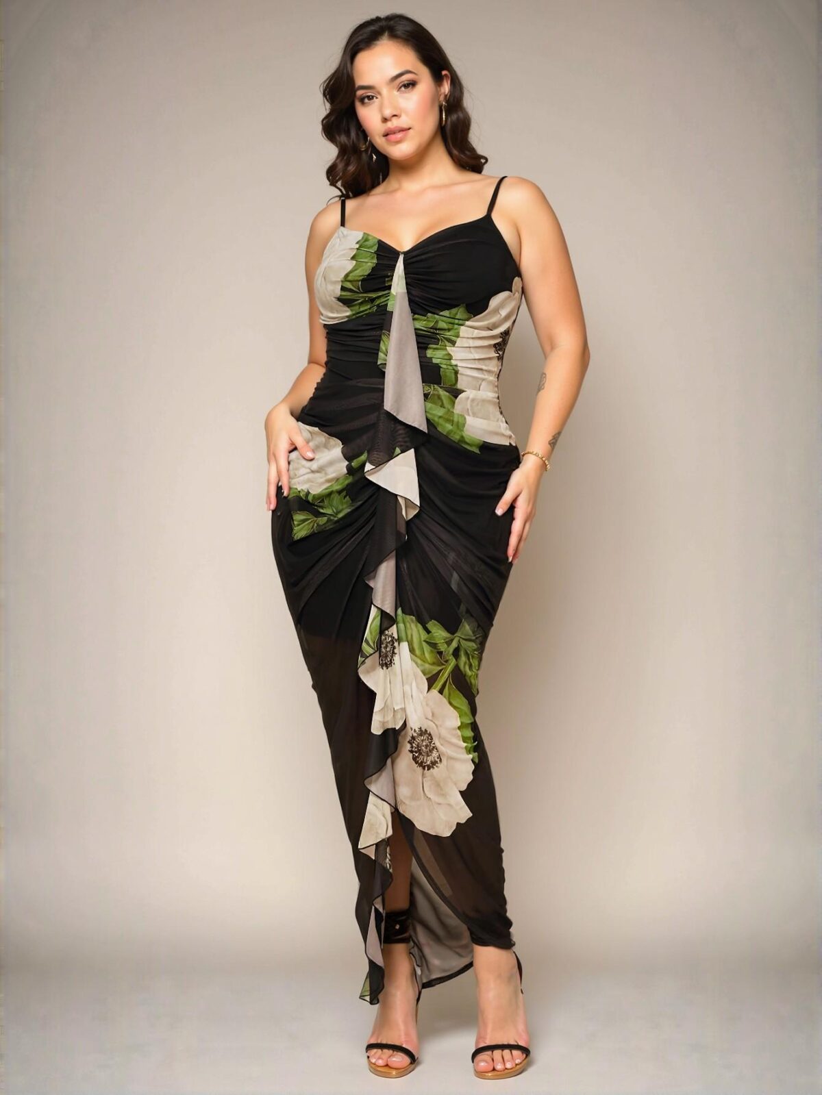 Elegant Black Ruched Cup Tight Fit Long Dress with Ruffle Details for Weddings, Banquets, and Special Occasions - Chic, Classy and Trendy Fashion Style to Dress to Impress