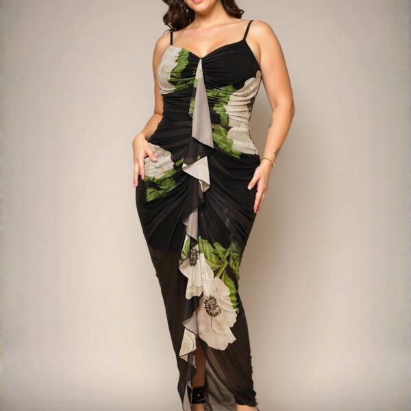 Elegant Black Ruched Cup Tight Fit Long Dress with Ruffle Details for Weddings, Banquets, and Special Occasions - Chic, Classy and Trendy Fashion Style to Dress to Impress