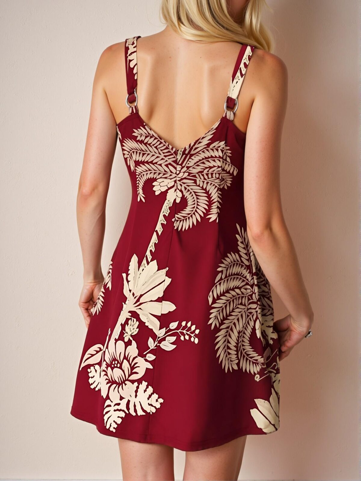 Elegant Burgundy Boho-Inspired Plant Print Cami Dress for Spring and Summer - Chic, Classy and Trendy Fashion Style to Dress to Impress - Image 2