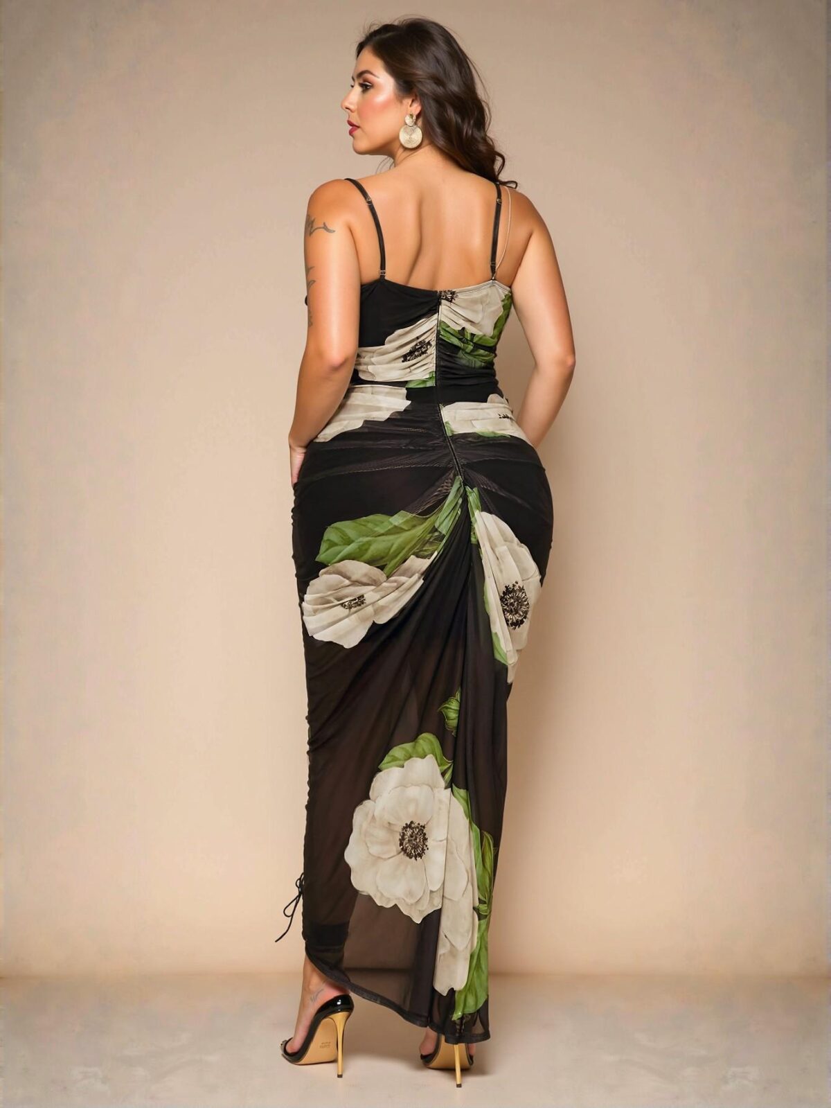 Elegant Black Ruched Cup Tight Fit Long Dress with Ruffle Details for Weddings, Banquets, and Special Occasions - Chic, Classy and Trendy Fashion Style to Dress to Impress - Image 2