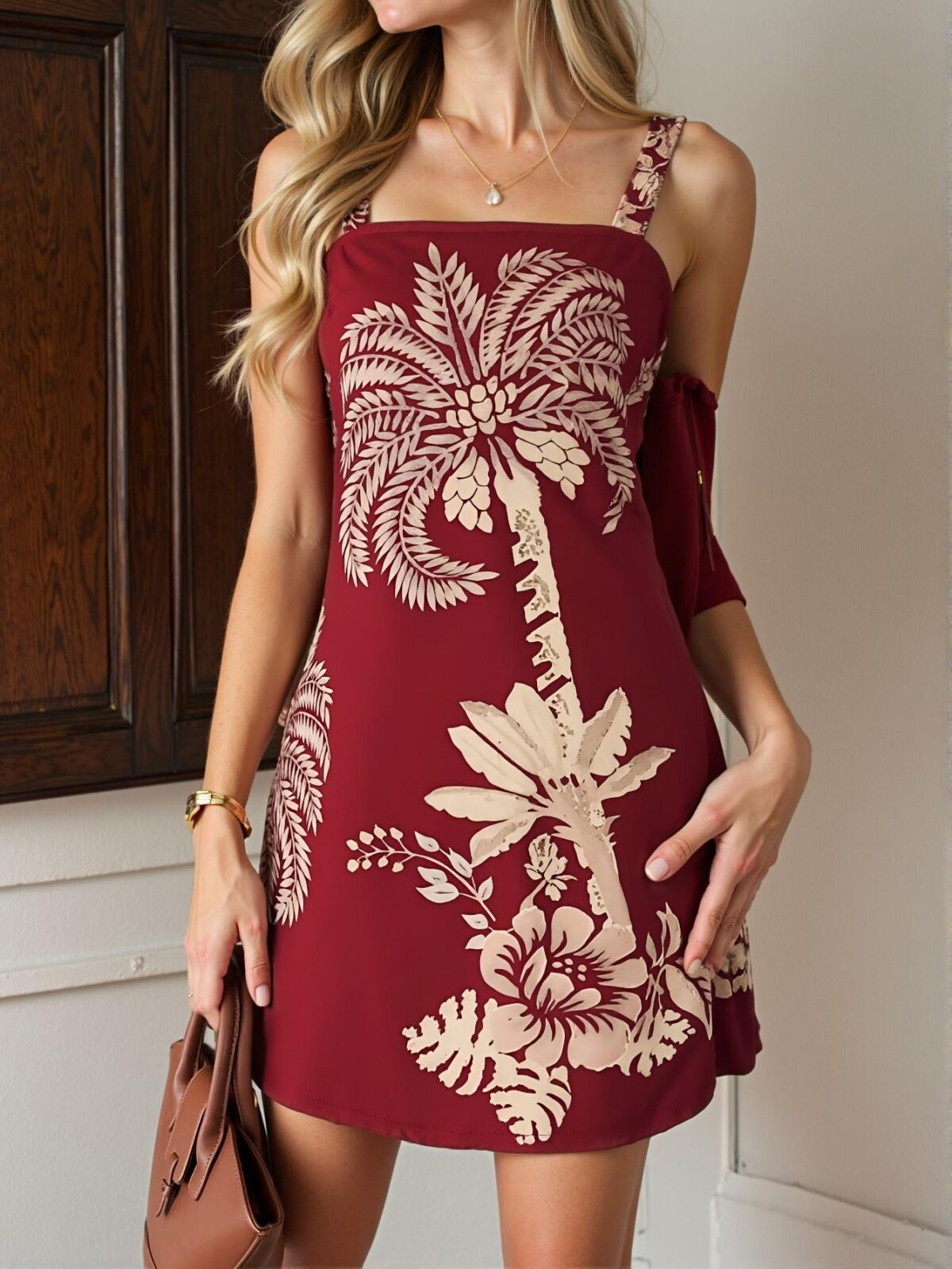 Elegant Burgundy Boho-Inspired Plant Print Cami Dress for Spring and Summer - Chic, Classy and Trendy Fashion Style to Dress to Impress - Image 3