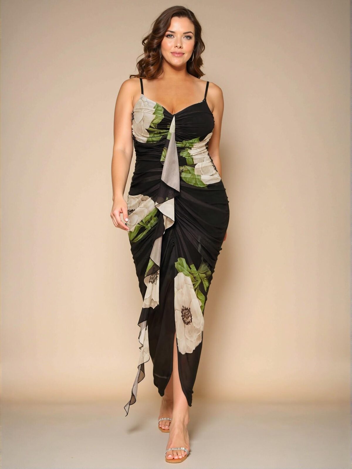 Elegant Black Ruched Cup Tight Fit Long Dress with Ruffle Details for Weddings, Banquets, and Special Occasions - Chic, Classy and Trendy Fashion Style to Dress to Impress - Image 3
