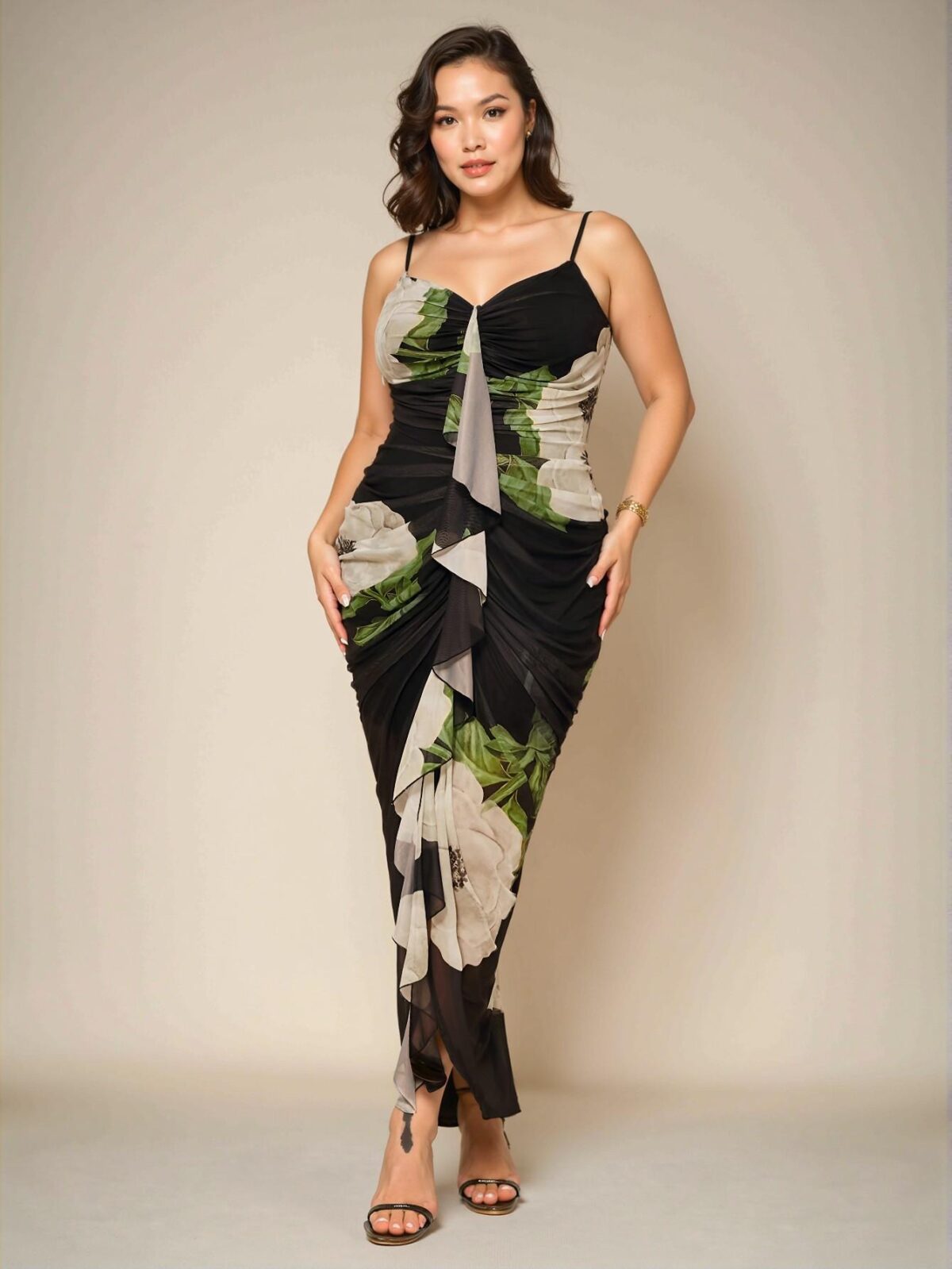 Elegant Black Ruched Cup Tight Fit Long Dress with Ruffle Details for Weddings, Banquets, and Special Occasions - Chic, Classy and Trendy Fashion Style to Dress to Impress - Image 5