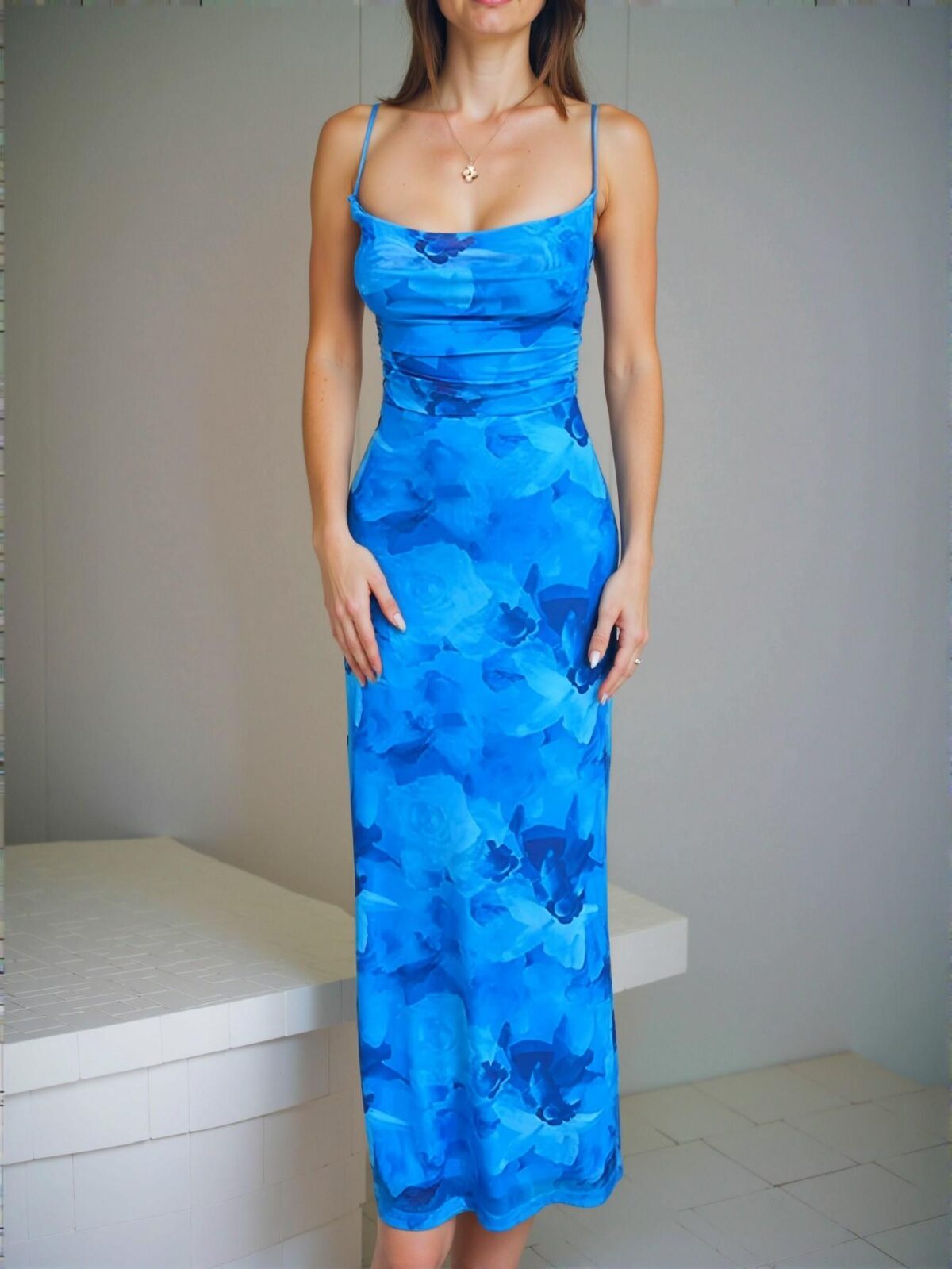 Elegant Blue Floral Print Halter Dress with Pocket Design for Summer 2025 – Chic, Classy and Trendy Fashion Style to Dress to Impress