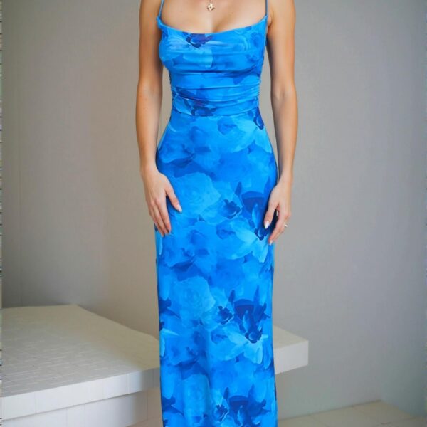 Elegant Blue Floral Print Halter Dress with Pocket Design for Summer 2025 – Chic, Classy and Trendy Fashion Style to Dress to Impress