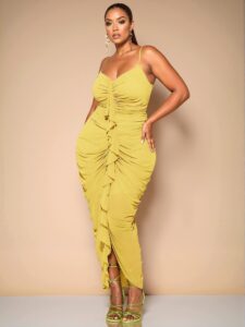 Elegant Yellow Sleeveless Sweetheart Neckline Ruched Ruffled Maxi Dress for Special Occasions - Chic, Classy and Trendy Fashion Style to Dress to Impress