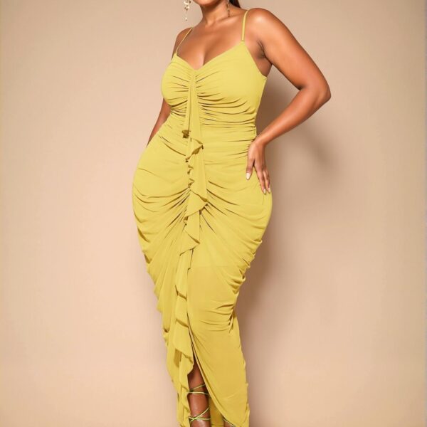 Elegant Yellow Sleeveless Sweetheart Neckline Ruched Ruffled Maxi Dress for Special Occasions - Chic, Classy and Trendy Fashion Style to Dress to Impress