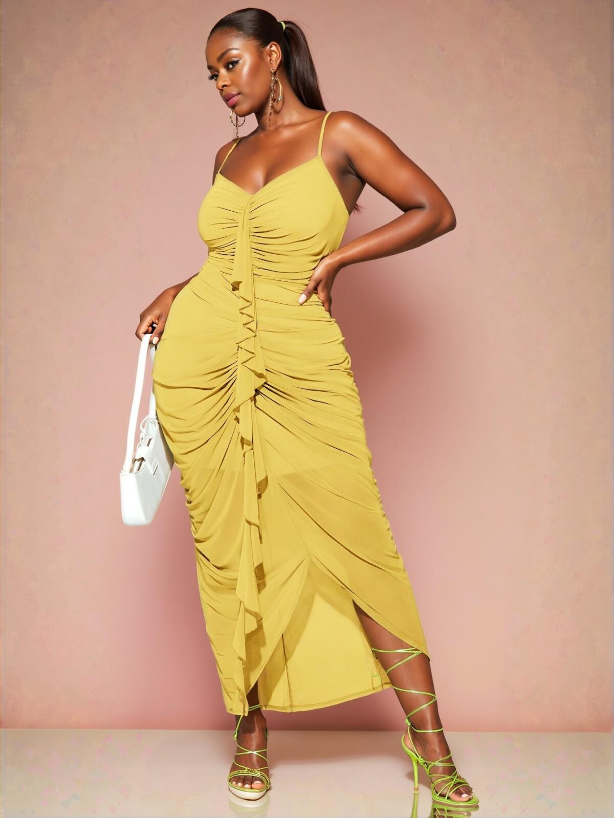 Elegant Yellow Sleeveless Sweetheart Neckline Ruched Ruffled Maxi Dress for Special Occasions - Chic, Classy and Trendy Fashion Style to Dress to Impress - Image 3