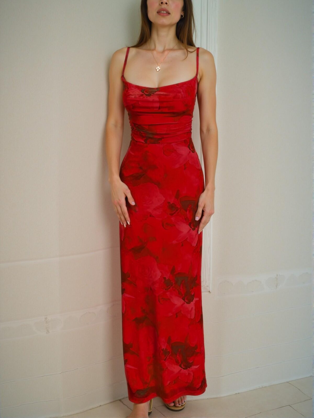 Elegant Red "Chic European and American Style Printed Pocket Design Halter Dress with Fanny Pack and Hip Skirt for Spring and Summer 2025" "Chic, Classy and Trendy Fashion Style to Dress to Impress"