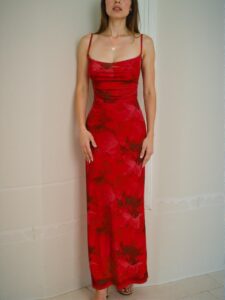 Elegant Red "Chic European and American Style Printed Pocket Design Halter Dress with Fanny Pack and Hip Skirt for Spring and Summer 2025" "Chic, Classy and Trendy Fashion Style to Dress to Impress"