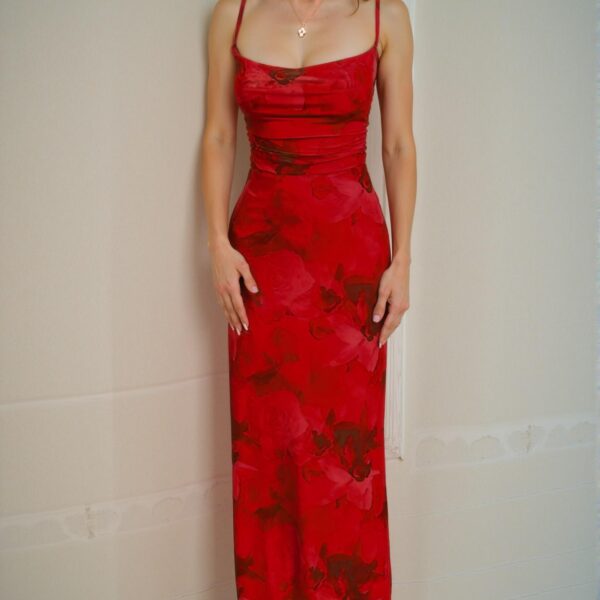 Elegant Red "Chic European and American Style Printed Pocket Design Halter Dress with Fanny Pack and Hip Skirt for Spring and Summer 2025" "Chic, Classy and Trendy Fashion Style to Dress to Impress"