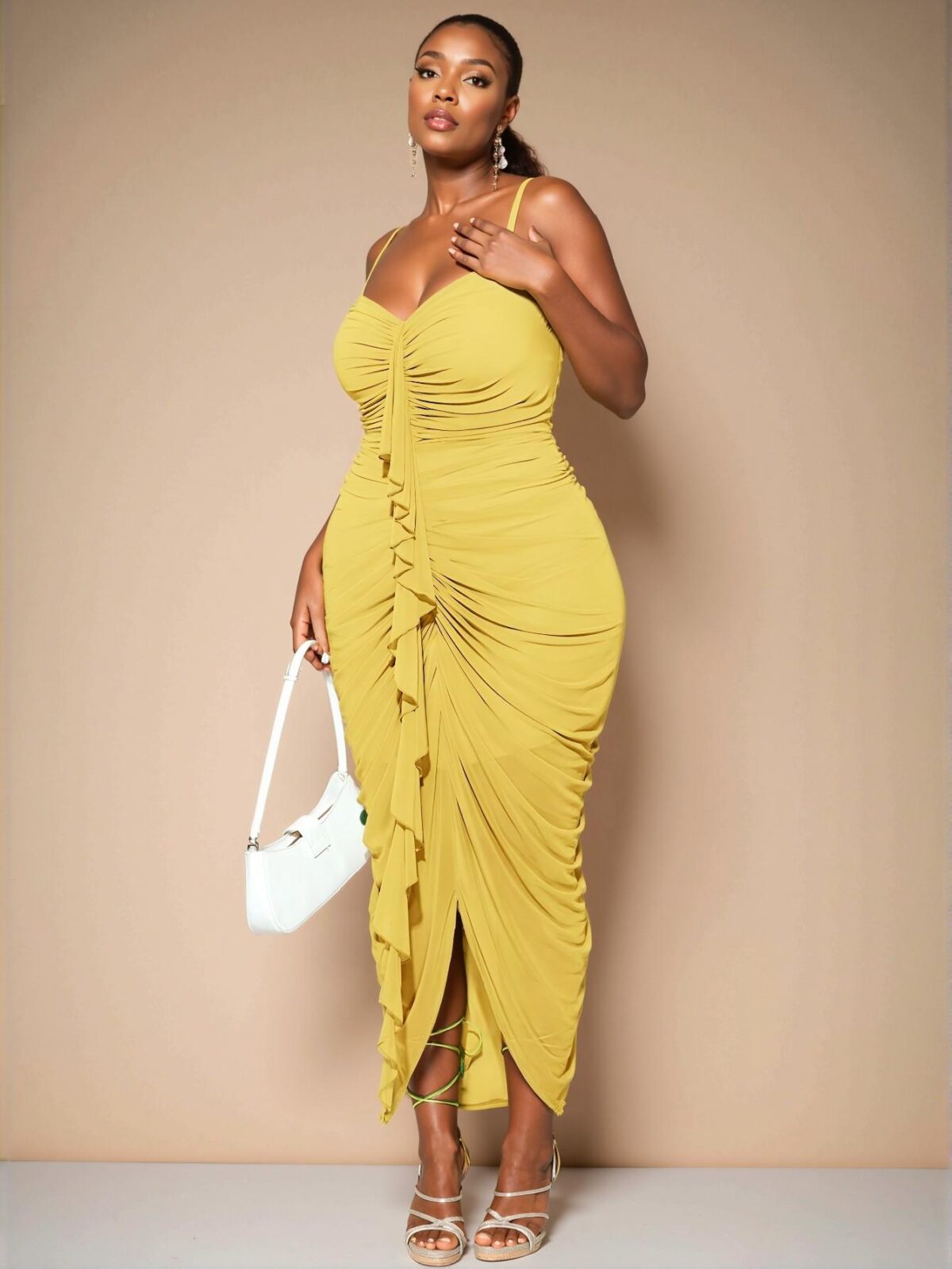 Elegant Yellow Sleeveless Sweetheart Neckline Ruched Ruffled Maxi Dress for Special Occasions - Chic, Classy and Trendy Fashion Style to Dress to Impress - Image 4