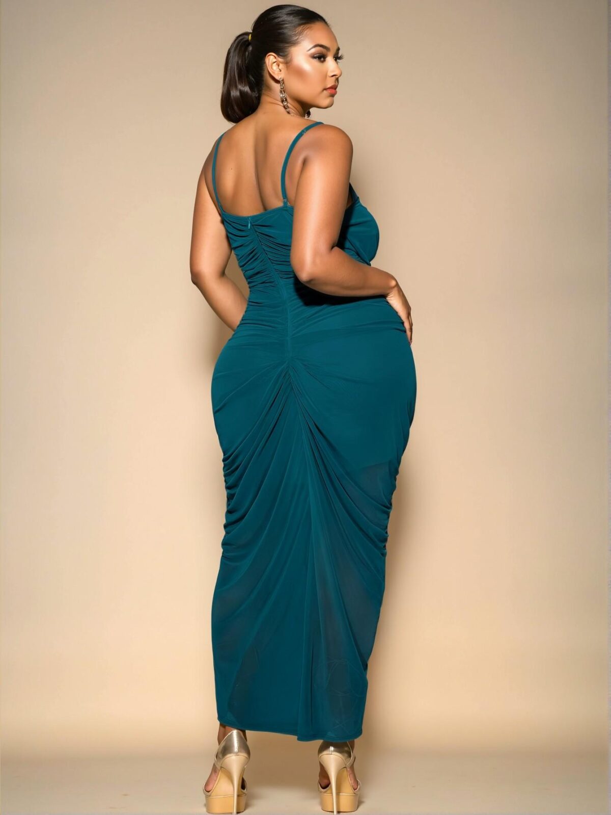 Elegant Teal Blue Plus Size Women's Corseted Ruched Maxi Dress with Flounce Details for Birthdays, Chic, Classy and Trendy Fashion Style to Dress to Impress - Image 2