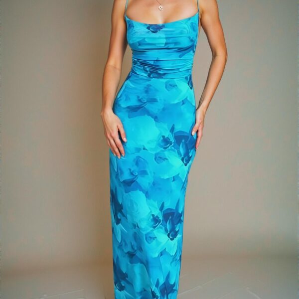 Elegant Mint Blue Modern Printed Halter Dress with Fanny Pack Design for Summer 2025 - Chic, Classy and Trendy Fashion Style to Dress to Impress