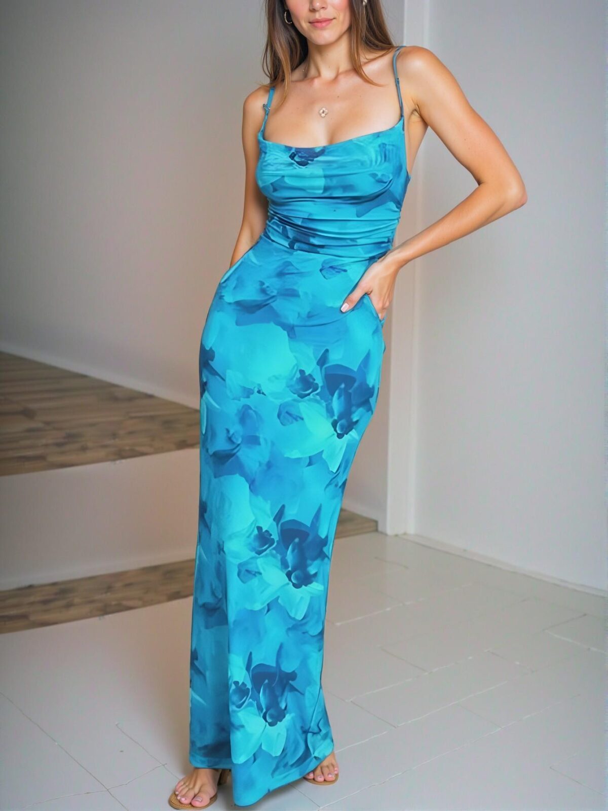 Elegant Mint Blue Modern Printed Halter Dress with Fanny Pack Design for Summer 2025 - Chic, Classy and Trendy Fashion Style to Dress to Impress - Image 2