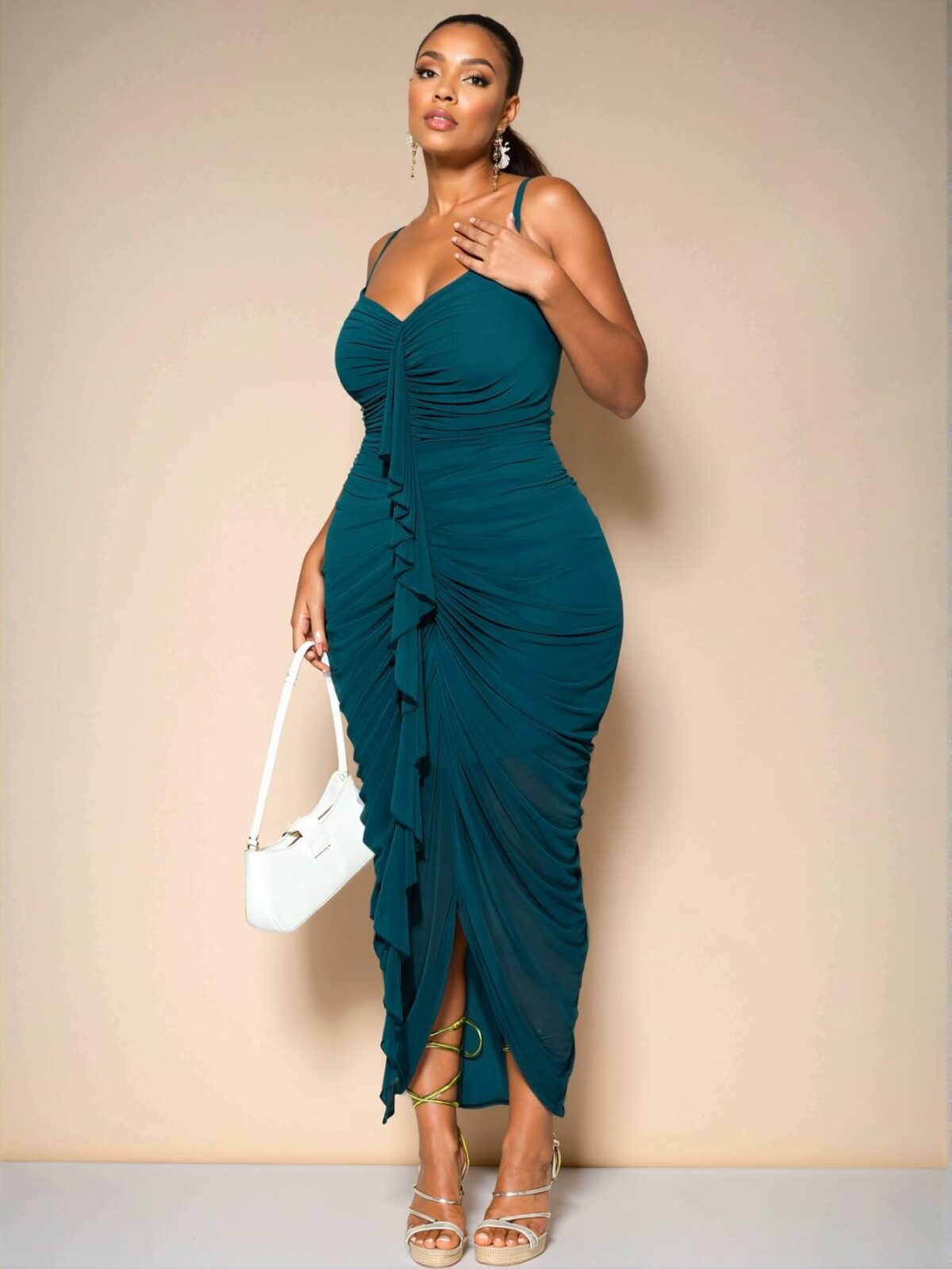Elegant Teal Blue Plus Size Women's Corseted Ruched Maxi Dress with Flounce Details for Birthdays, Chic, Classy and Trendy Fashion Style to Dress to Impress - Image 3