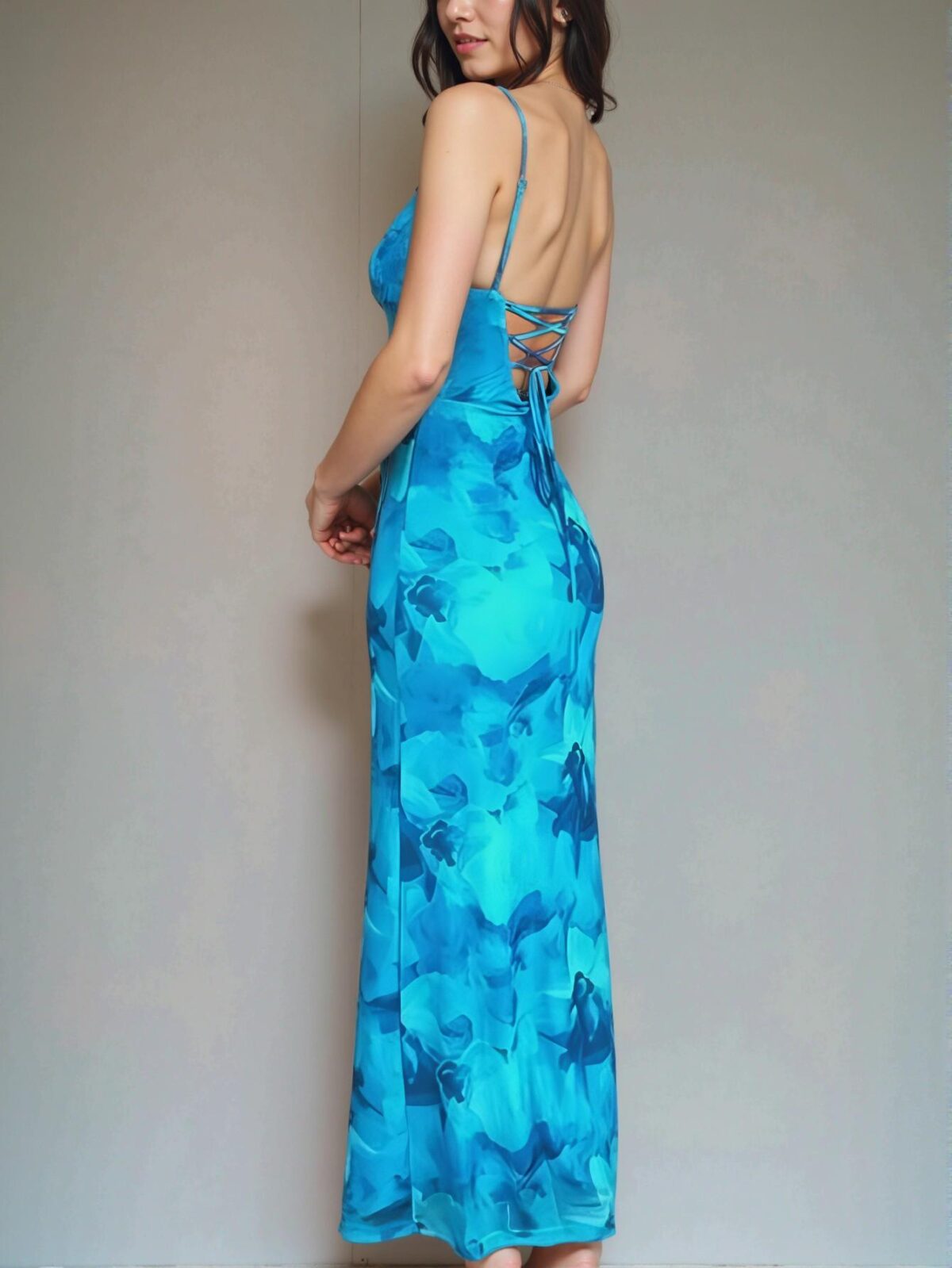 Elegant Mint Blue Modern Printed Halter Dress with Fanny Pack Design for Summer 2025 - Chic, Classy and Trendy Fashion Style to Dress to Impress - Image 3