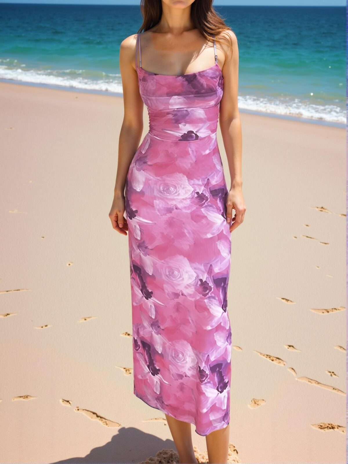 Elegant Purple Strappy Cami Dress with Backless Ruched Design and Split Thigh for Summer 2025 - Chic, Classy and Trendy Fashion Style to Dress to Impress