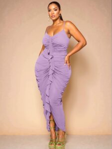 Elegant Mauve Purple Ruched Bust Fitted V-Neck Dress with Flounce Trim for Spring and Summer Vacations, Perfect for Birthdays and Beach Outings - Chic, Classy and Trendy Fashion Style to Dress to Impress