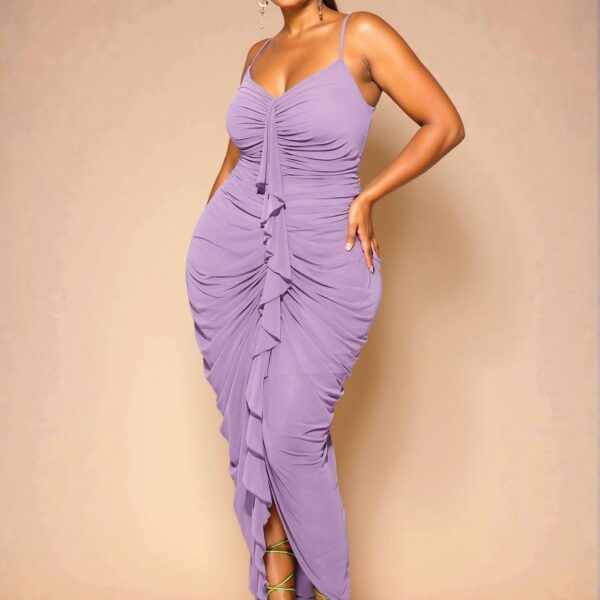 Elegant Mauve Purple Ruched Bust Fitted V-Neck Dress with Flounce Trim for Spring and Summer Vacations, Perfect for Birthdays and Beach Outings - Chic, Classy and Trendy Fashion Style to Dress to Impress