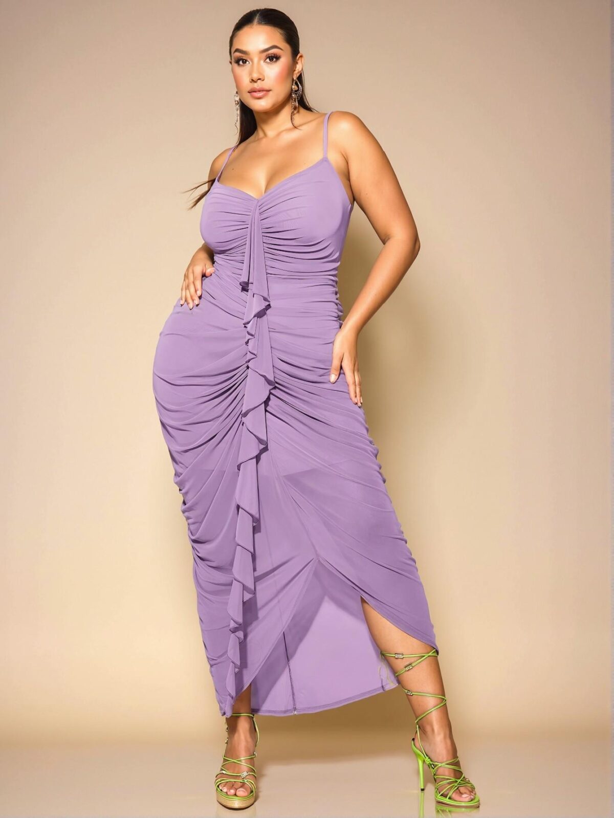 Elegant Mauve Purple Ruched Bust Fitted V-Neck Dress with Flounce Trim for Spring and Summer Vacations, Perfect for Birthdays and Beach Outings - Chic, Classy and Trendy Fashion Style to Dress to Impress - Image 3