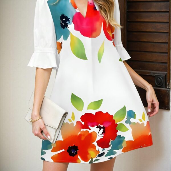 Elegant Multicolor Hibiscus Print Casual Mini Dress for Relaxed Island Vacations and Spring Break Gatherings, Chic, Classy and Trendy Fashion Style to Dress to Impress