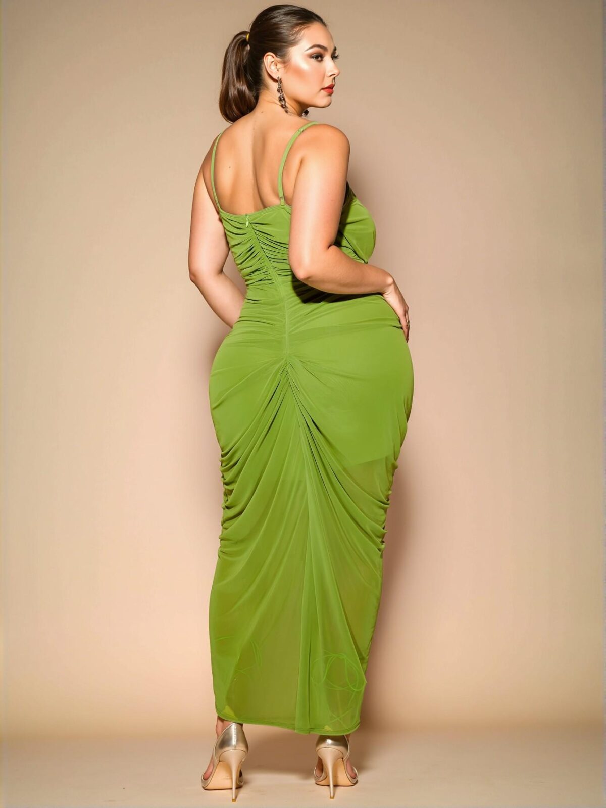 Elegant Lime Green Stylish Plus Size Cupped Bodycon Dress with Ruched Accents and Graceful Front Ruffle Touches for Special Occasions - Chic, Classy and Trendy Fashion Style to Dress to Impress - Image 2