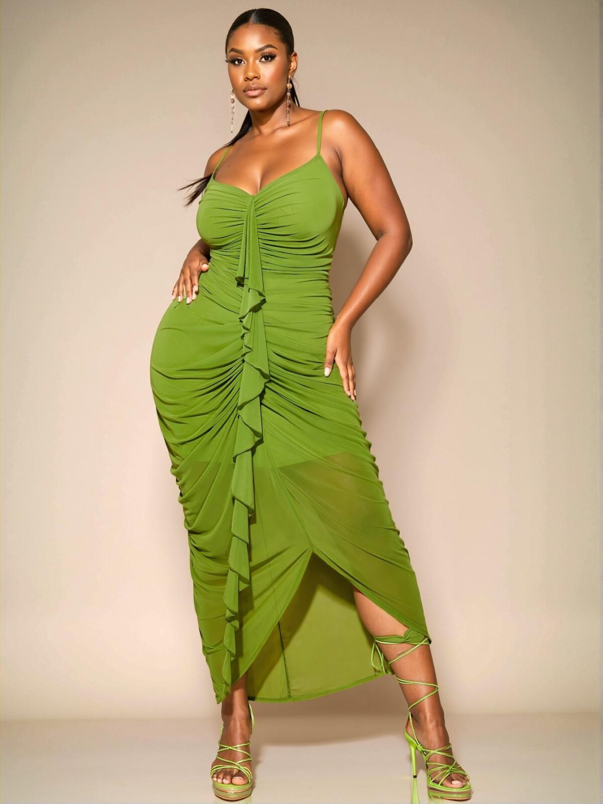 Elegant Lime Green Stylish Plus Size Cupped Bodycon Dress with Ruched Accents and Graceful Front Ruffle Touches for Special Occasions - Chic, Classy and Trendy Fashion Style to Dress to Impress - Image 5