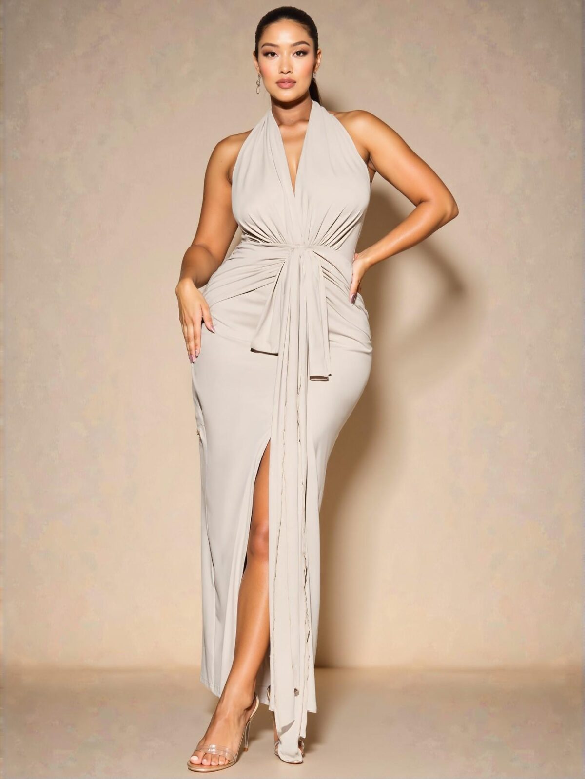 Elegant Apricot Halter Neck High Slit Maxi Dress and Plus Size Linen Vest & Wide Leg Shorts Set for Effortless Spring and Summer Outings, Special Events, and Beach Days - Chic, Classy and Trendy Fashion Style to Dress to Impress