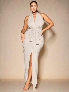 Elegant Apricot Halter Neck High Slit Maxi Dress and Plus Size Linen Vest & Wide Leg Shorts Set for Effortless Spring and Summer Outings, Special Events, and Beach Days - Chic, Classy and Trendy Fashion Style to Dress to Impress