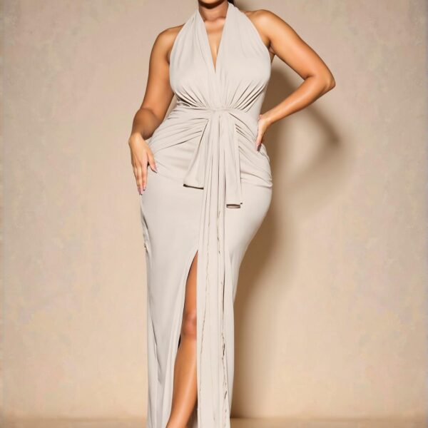 Elegant Apricot Halter Neck High Slit Maxi Dress and Plus Size Linen Vest & Wide Leg Shorts Set for Effortless Spring and Summer Outings, Special Events, and Beach Days - Chic, Classy and Trendy Fashion Style to Dress to Impress