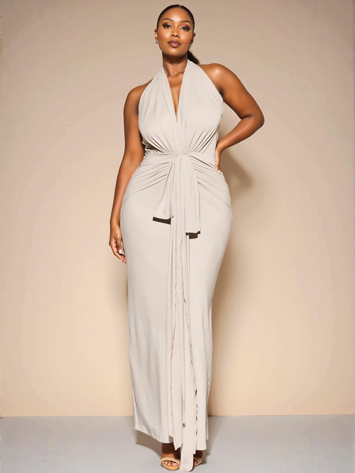 Elegant Apricot Halter Neck High Slit Maxi Dress and Plus Size Linen Vest & Wide Leg Shorts Set for Effortless Spring and Summer Outings, Special Events, and Beach Days - Chic, Classy and Trendy Fashion Style to Dress to Impress - Image 2