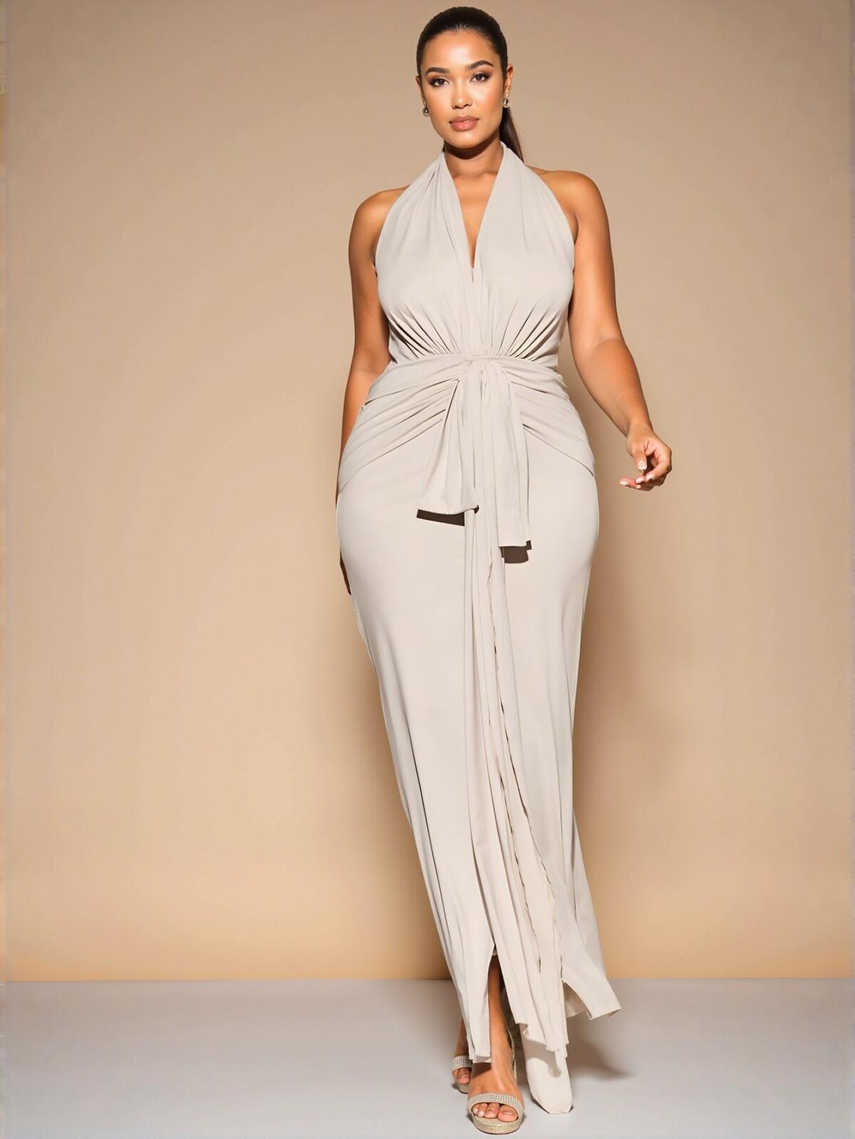 Elegant Apricot Halter Neck High Slit Maxi Dress and Plus Size Linen Vest & Wide Leg Shorts Set for Effortless Spring and Summer Outings, Special Events, and Beach Days - Chic, Classy and Trendy Fashion Style to Dress to Impress - Image 4