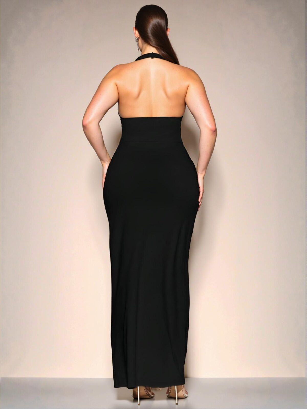 Elegant Black Fitted Long V-Neck Knit Halter Dress for Daily Wear, Outings, Dates, Afternoon Tea, Vacations, and Celebrations – Chic, Classy and Trendy Fashion Style to Dress to Impress - Image 2