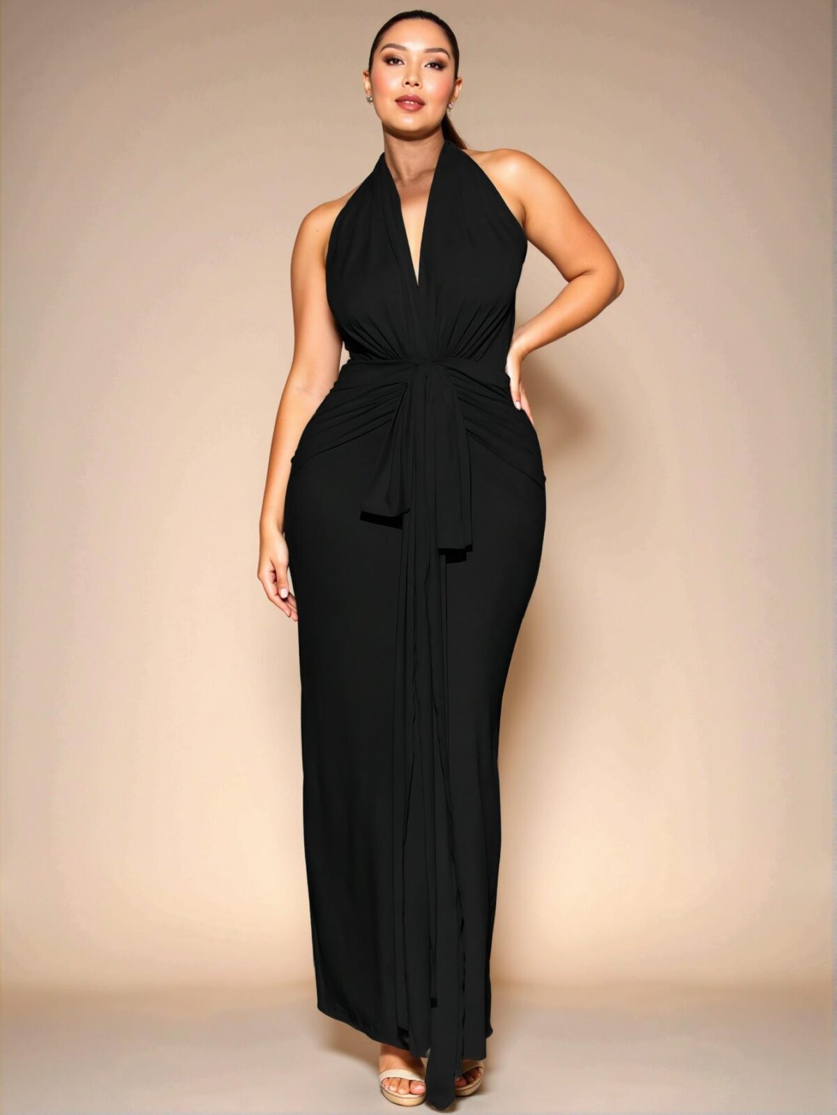 Elegant Black Fitted Long V-Neck Knit Halter Dress for Daily Wear, Outings, Dates, Afternoon Tea, Vacations, and Celebrations – Chic, Classy and Trendy Fashion Style to Dress to Impress - Image 3