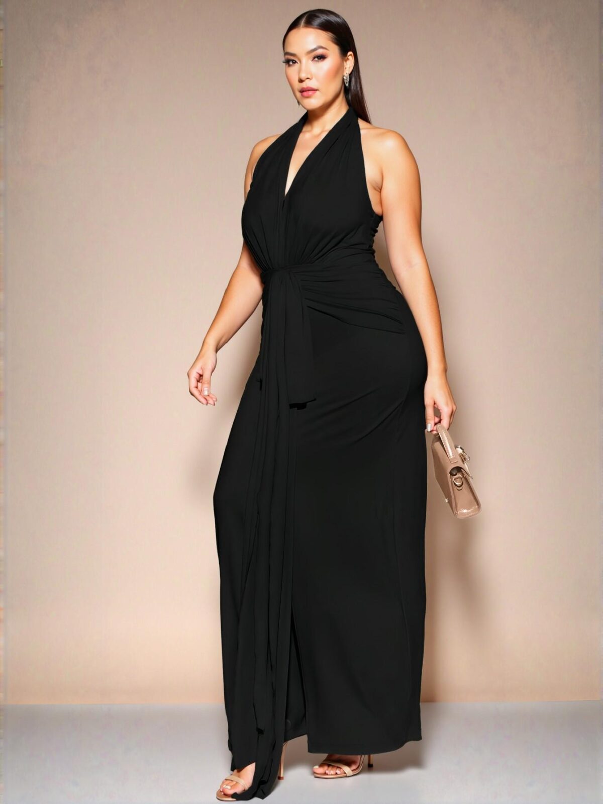 Elegant Black Fitted Long V-Neck Knit Halter Dress for Daily Wear, Outings, Dates, Afternoon Tea, Vacations, and Celebrations – Chic, Classy and Trendy Fashion Style to Dress to Impress - Image 4