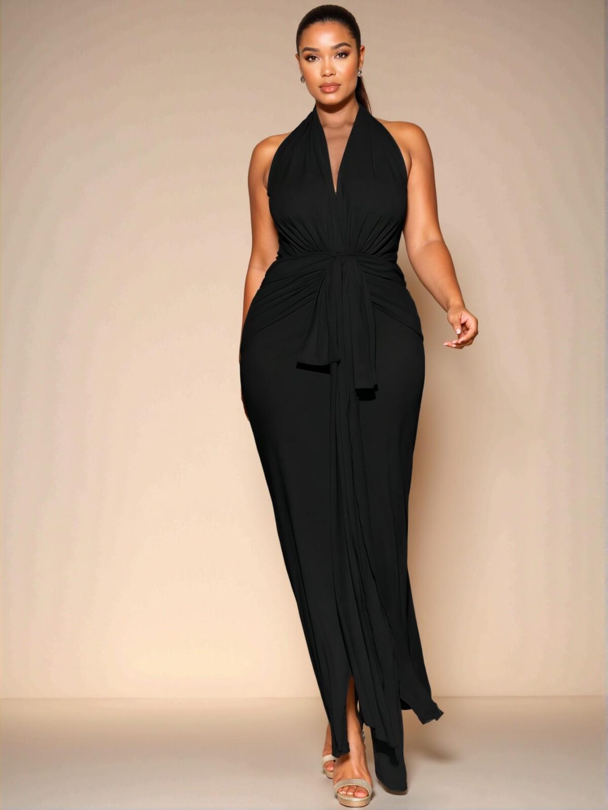 Elegant Black Fitted Long V-Neck Knit Halter Dress for Daily Wear, Outings, Dates, Afternoon Tea, Vacations, and Celebrations – Chic, Classy and Trendy Fashion Style to Dress to Impress - Image 5